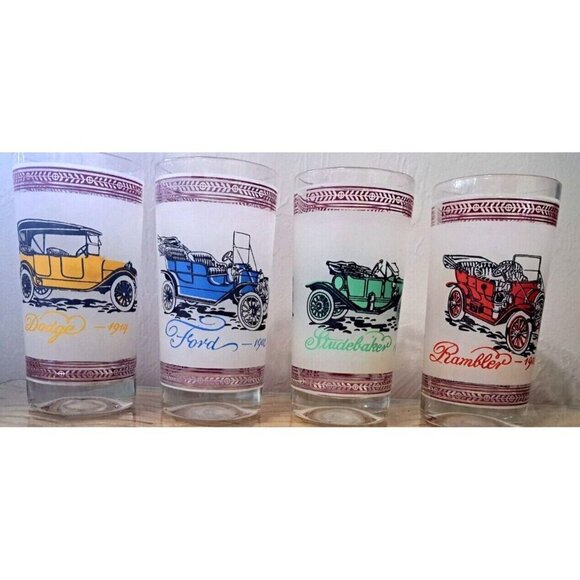 Vinage Set of Four Double Old Fashion Glasses Antique Cars - Picture 3 of 14